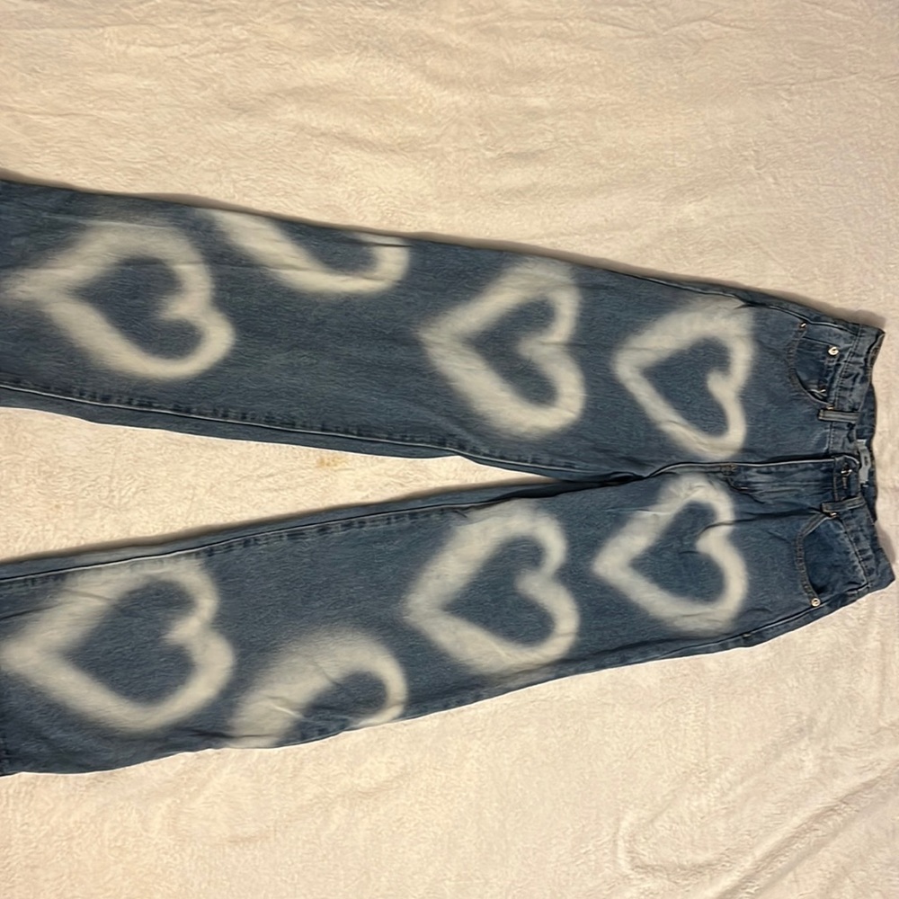 Adika / Size SMALL / Solid Blue Denim Jeans with Bleached Hearts
